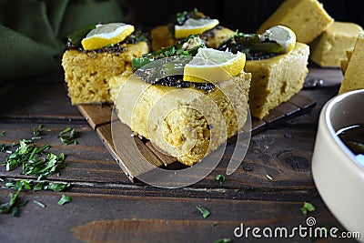 Indian Dhokla - recipe preparation photos with photos of the final dish and traditional mattha Stock Photo