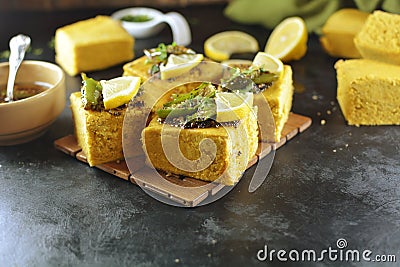 Indian Dhokla - recipe preparation photos with photos of the final dish and traditional mattha Stock Photo