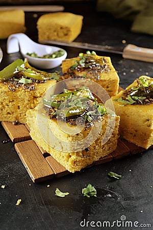 Indian Dhokla - recipe preparation photos with photos of the final dish and traditional mattha Stock Photo