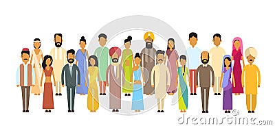 Indian Different People Group Traditional Clothes Full Lenth Flat Vector Illustration Vector Illustration