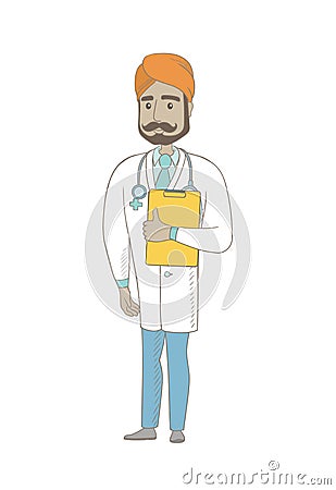 Indian doctor holding clipboard with papers. Vector Illustration