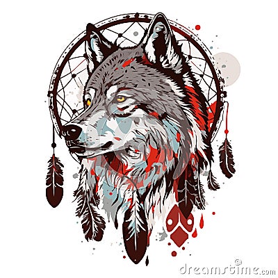 Indian dream catcher with ethnic ornaments and ethnic tribal head wolf. Boho native American style design Cartoon Illustration