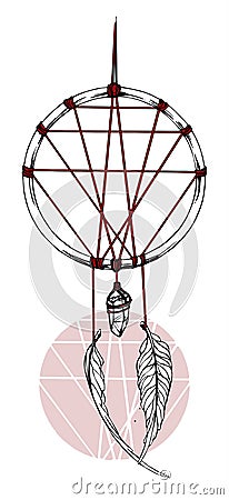 Indian dream catcher with red ribbon Vector Illustration