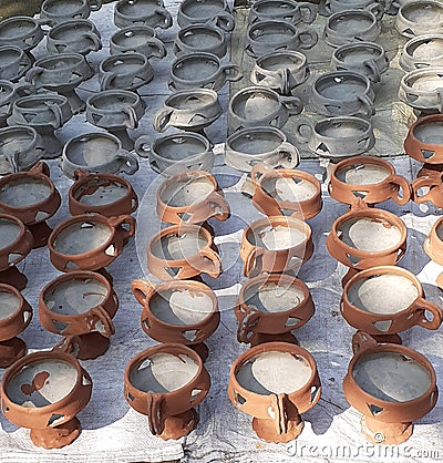 Indian earthen utensils worship equip Stock Photo