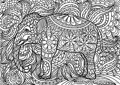 Indian elephant doodle coloring for adults. Hand drawn doodle. Vector Illustration