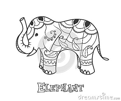 Indian elephant. Hand drawn stylized elephant with decorative tribal ethnic ornament Vector Illustration