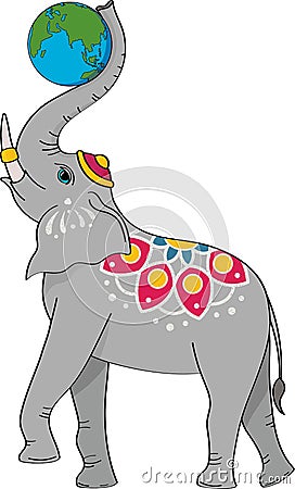 Indian elephant holds the planet with its trunk Vector Illustration