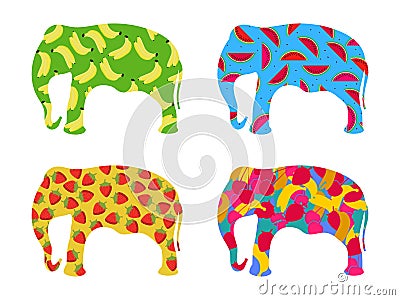 Indian elephant with a pattern of berries and fruit isolated on a white background. Bananas, strawberries and watermelon. Vector Vector Illustration