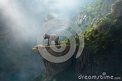 Indian Elephant, Taj Mahal, India, Fantasy Landscape Stock Photo