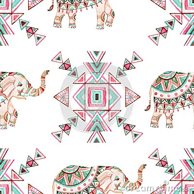 Indian elephant watercolor seamless pattern Cartoon Illustration