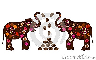Indian elephants with flowers. Advertising coffee from India Vector Illustration