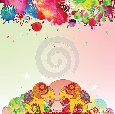 Indian elephants, pattern, watercolor blots. Vector Illustration