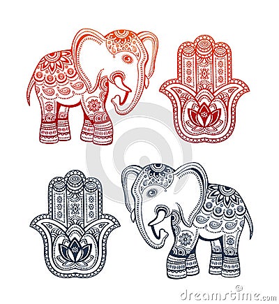 Indian ethnic elephant and hamsa hand with ethnic ornaments Vector Illustration