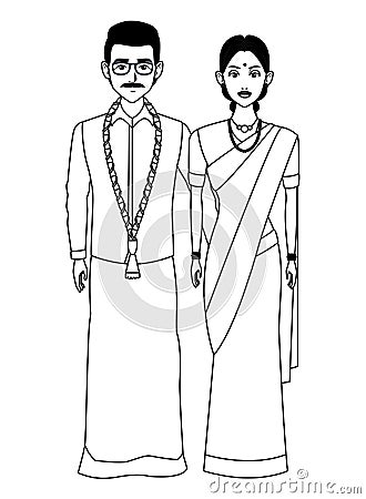 Indian family avatar cartoon character in black and white Vector Illustration