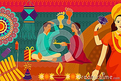 Indian family celebrating Bhai Dooj during Happy Diwali festival background kitsch art India Vector Illustration