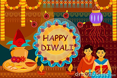 Indian family celebrating Bhai Dooj during Happy Diwali festival background kitsch art India Vector Illustration