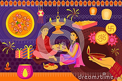 Indian family celebrating Bhai Dooj during Happy Diwali festival background kitsch art India Vector Illustration