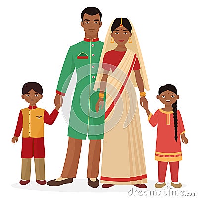 Indian family. Indian man and woman with boy and girl kids in traditional national clothes. Vector Illustration