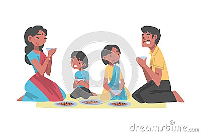 Indian Family with Little Kids Sitting on the Floor Having Meal Together Vector Illustration Vector Illustration