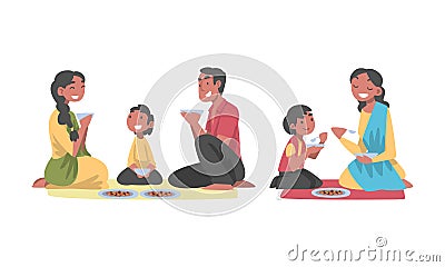 Indian Family with Little Kids Sitting on the Floor Having Meal Together Vector Set Vector Illustration