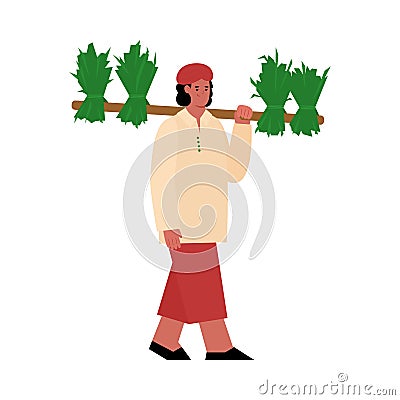 Indian farmer carrying harvest flat cartoon vector illustration isolated. Vector Illustration