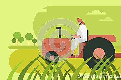 An Indian farmer driving a tractor in the agricultural field Vector Illustration