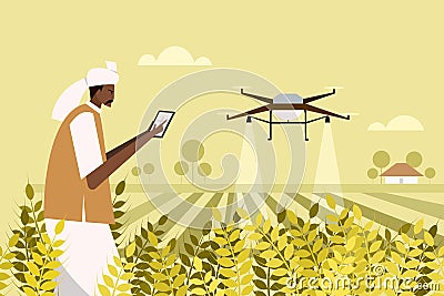 An Indian farmer using a drone for spraying fertiliser in the agricultural field Vector Illustration