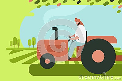 An Indian farmer operating a tractor in the farm land Vector Illustration