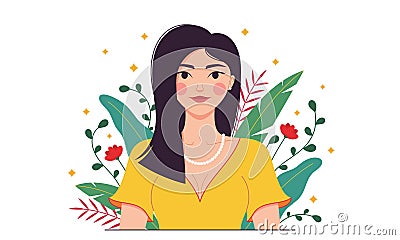 Indian fashion woman, minimalist style. Eastern lady among tropical plants, leaves, flowers Vector Illustration