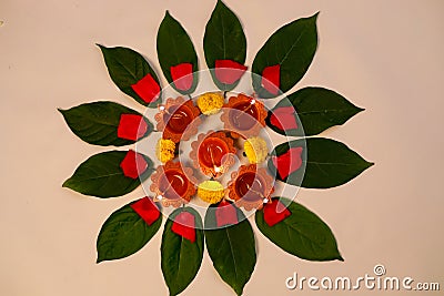 Indian Festival Diwali , pooja Thali and flower rangoli Stock Photo