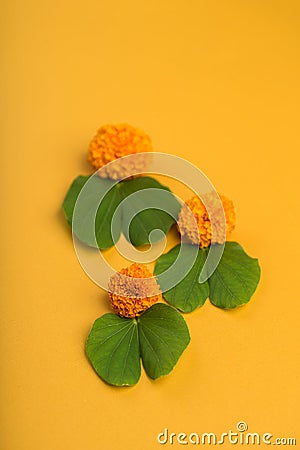 Indian Festival Dussehra, showing golden leaf Bauhinia racemosa and marigold flowers on a yellow background Stock Photo