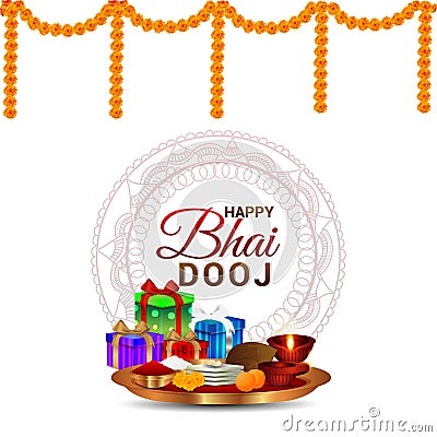 Indian festival of happy bhai dooj with creative vector illustration of gifts and puja thali Cartoon Illustration