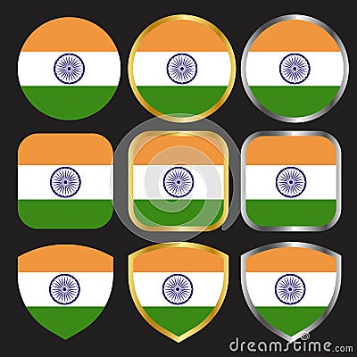 Indian flag vector icon set with gold and silver border Vector Illustration