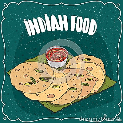 Indian flatbread with sauce like chutney Vector Illustration