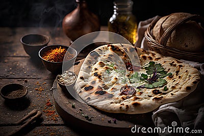 Indian flatbread with spices and herbs on a dark wooden background. Stock Photo