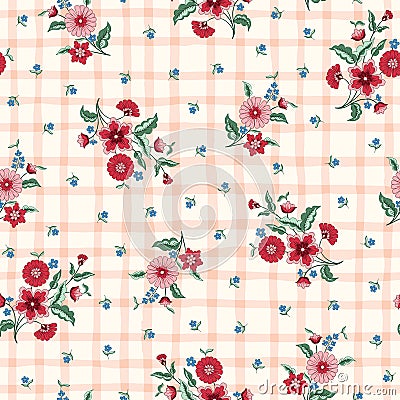Indian Chintz Flowers and Plaid Vector Seamless Pattern Vector Illustration