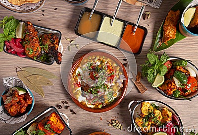 Indian food buffet, Restaurant table. Variety of typical dishes of Indian cuisine Stock Photo