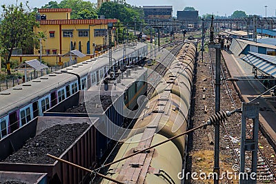 Bardhaman, India - April 11, 2022: An Indian oil tanker Train is stationed. Indian railway Editorial Stock Photo