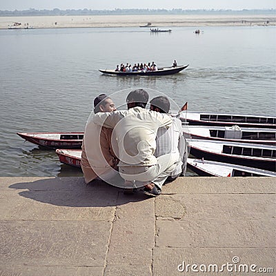 Varanasi, India, Indian Friends by the Ganges River Editorial Stock Photo