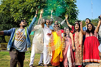 Indian Friends Playing With Color during Holi Indian Festival Editorial Stock Photo