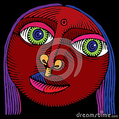 Indian girl head color woodcut Vector Illustration