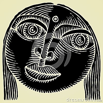 Indian girl head original woodcut Vector Illustration