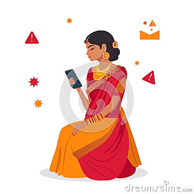 Indian girl holding phone received spam Vector Illustration