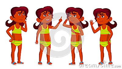 Indian Girl Kid Poses Set Vector. Hindu. School Child. Undressed. Pool, Beach. For Postcard, Cover, Placard Design Vector Illustration