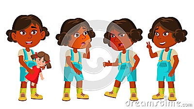 Indian Girl Kindergarten Kid Poses Set Vector. Hindu. Asian. Happy Beautiful Children Character. Playing With Doll. For Vector Illustration