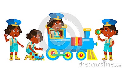 Indian Girl Kindergarten Kid Set Vector. Hindu. Asian. Friendly Little Children. Playing With Railway Train. Cute, Comic Vector Illustration