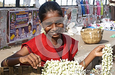 Indian girl selling flowers Editorial Stock Photo