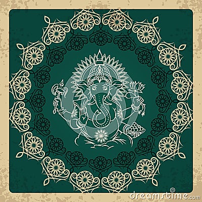 Indian god elephant Ganesha vintage card Vector Illustration