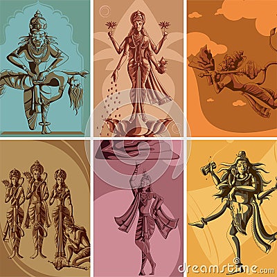 Indian God and Goddess Religious Vintage Poster Vector Illustration