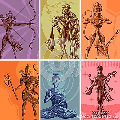 Indian God and Goddess Religious Vintage Poster Vector Illustration